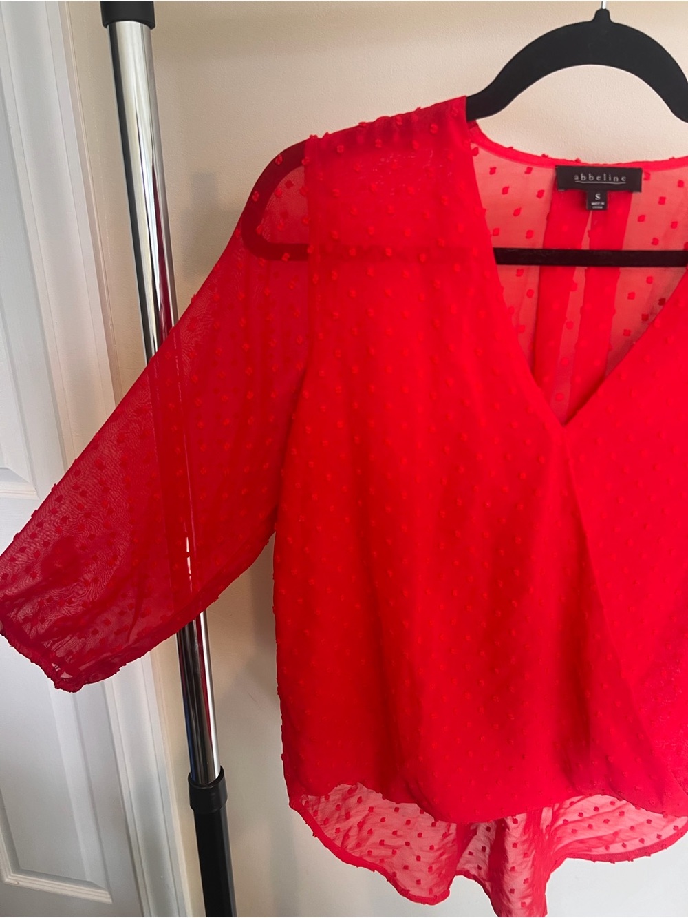 Abbeline Bright Red Sheer Dot V-Neck Blouse